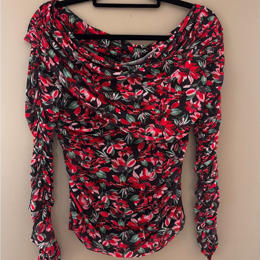 Guess Los Angeles Ruched Pink and Black Long Sleeve Blouse